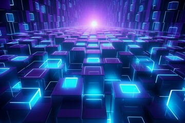 Futuristic tech background with turquoise and violet symmetric glowing cubes. Generative AI