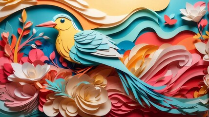 Bird and Flower Paper Art Style Abstract Background Illustration