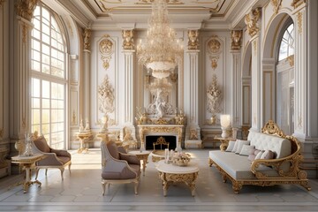 Fototapeta na wymiar Luxurious royal living space with vintage furnishings, golden accents, and a majestic fireplace, filled with ample sunlight. Generative AI