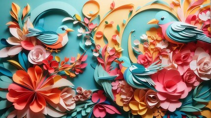 Fototapeta na wymiar Bird and Flower Paper Art Style Abstract Background Illustration