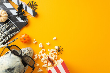 Embrace Halloween vibes with cinema top view featuring spooky elements like skeleton hand, skull in...