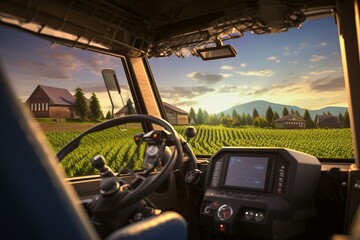 Tractor cab overlooking field with harvester, controls, and steering wheel. Agriculture, farming, summer countryside, cozy village houses. Generative AI