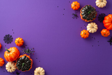 Mysterious Halloween arrangement: Top view of spooky setup – spiderweb and creepy insects –...