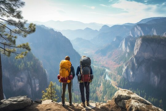 Backpackers amidst scenic landscape. Travel, tourism, camping, rock climbing. Generative AI
