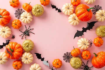 Sleek Halloween decor display. Top view capturing thematic items: small orange and golden pumpkins, bugs, ghastly spiders, spiderweb, bats on pastel pink base. Empty space for greetings or promos