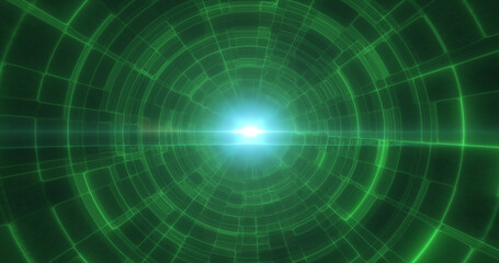 Green energy tunnel with glowing bright electric magic lines scientific futuristic hi-tech abstract background