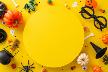 Delightful Halloween candy collection by kids. Top view picture showcasing sweets and Halloween decorations on a yellow isolated background, versatile for text or advertising use