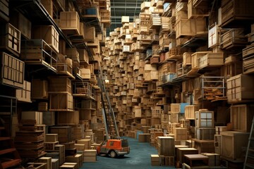 A warehouse filled with stacks of boxes. Generative AI