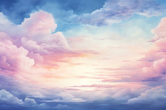 Colorful sky painting with a cloudy background and white border in the middle. Generative AI