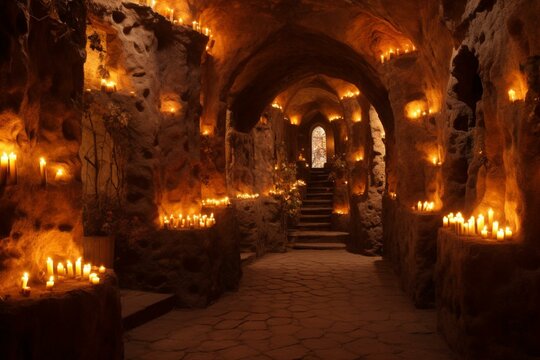 The castle's underground tunnel is brightly lit by candles and daylight. Generative AI