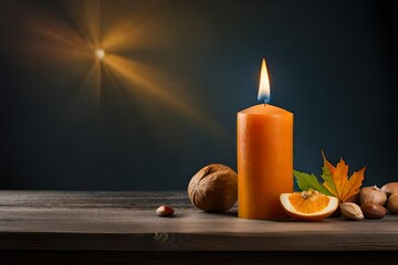 candle with autumn leaf