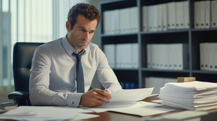 Portrait of a male accountant at a bustling accounting firm meticulously examining financial records and ensuring precision in every calculation