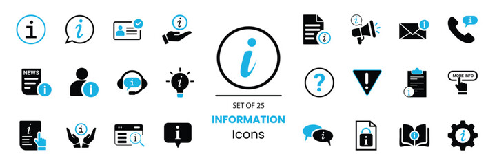 information icon set. info, support, buy now, personal info, identity, chat, warning