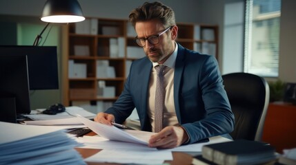 Portrait of a male accountant at a bustling accounting firm meticulously examining financial records and ensuring precision in every calculation