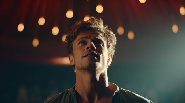 Portrait of a male actor on a theater stage immersing hisself in character delivering powerful performances