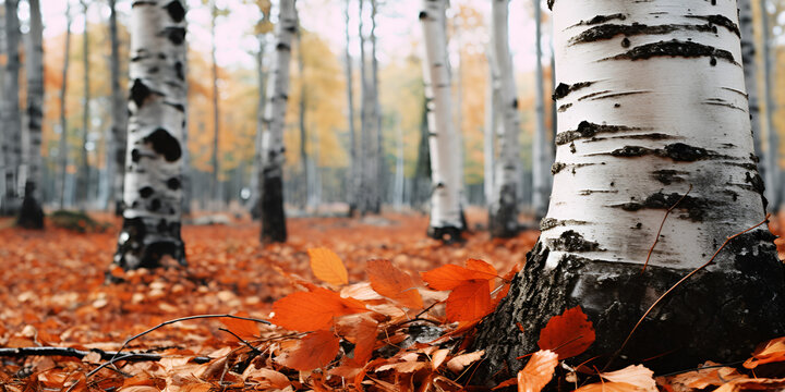 White fall birch trees with autumn leaves in background Generative AI