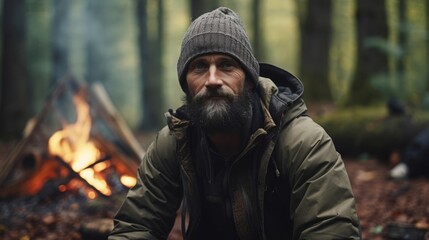 Obraz premium Portrait of a male bushcraft instructor in a pristine wilderness setting teaching essential survival skills