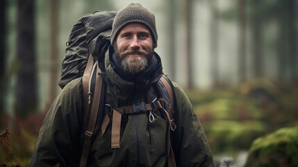 Obraz premium Portrait of a male bushcraft instructor in a pristine wilderness setting teaching essential survival skills