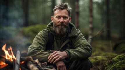 Portrait of a male bushcraft instructor in a pristine wilderness setting teaching essential survival skills - obrazy, fototapety, plakaty