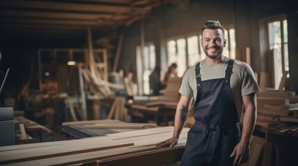 Portrait of a male carpenter at a bustling carpentry workshop crafting intricate woodwork masterpieces
