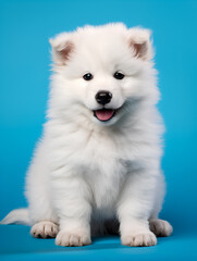 Samoyed Puppy Dog smiling happy isolated on blue background 