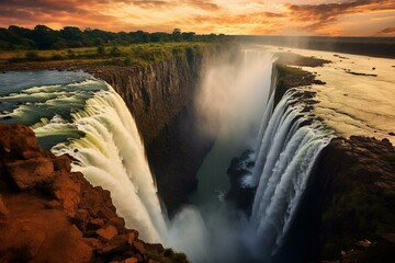 Breathtaking view of Victoria Falls spanning Zimbabwe and Zambia. Features lake, mountains, and waterfall. Generative AI - obrazy, fototapety, plakaty