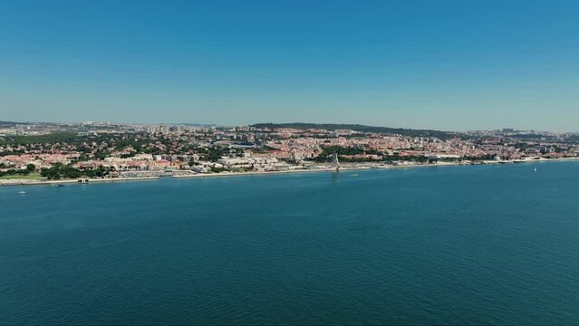 Drone shot from crossing over river tejo from Porto Brandao to Lisbon.