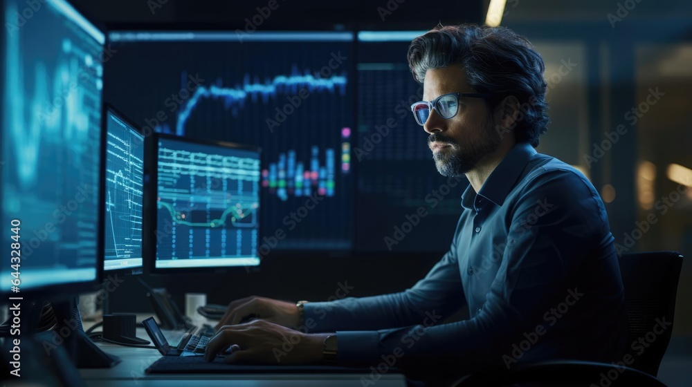 Poster portrait of a male data analyst at a dynamic tech company diving into complex datasets