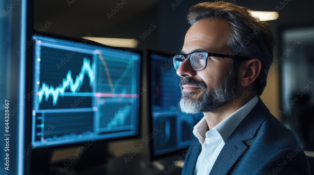 Poster portrait of a male data analyst at a dynamic tech company diving into complex datasets