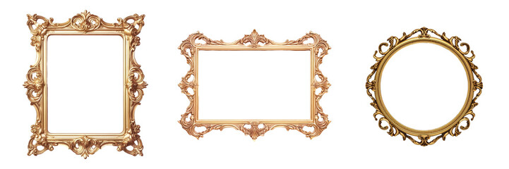 Gold framed artwork mirrors or photos isolated transparent background