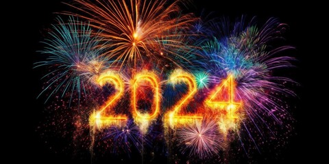 Fototapeta premium fireworks spelling 2024 in the night sky, colorful new year sparkles number 2024 written, happy new year concept