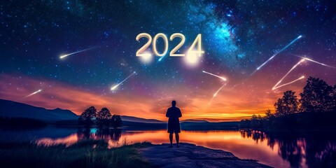 fireworks spelling 2024 in the night sky, colorful new year sparkles number 2024 written, view form a lake or sea shore dock, peaceful place, happy new year concept