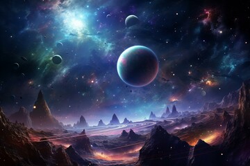 Stunning cosmic wallpaper with planets orbiting a central star in a deep space setting. Digitally designed CG masterpiece. Generative AI