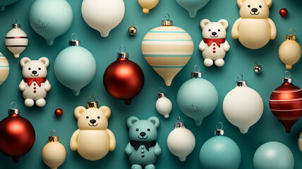 Beautiful different Christmas tree toys, new year decoration, copy space, postcard