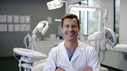 Fototapeta premium Portrait of a male dentist in his modern dental clinic skillfully performing dental procedures