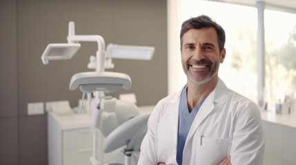 Portrait of a male dentist in his modern dental clinic skillfully performing dental procedures