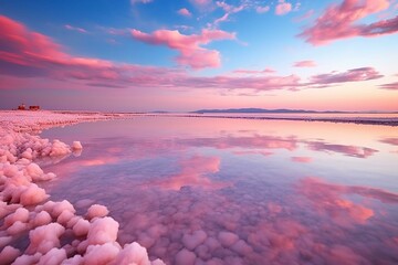 Breathtaking rosy salt lake in Ukraine adorned with red pigment algae. Captivating seascape. Generative AI
