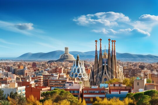Cityscape view of Sagrada Familia basilica. Generative AI