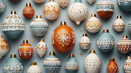 Obraz premium Beautiful different Christmas tree toys, new year decoration, copy space, postcard