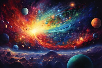 Colorful artwork depicting a star, planet, and a vibrant universe backdrop. Generative AI