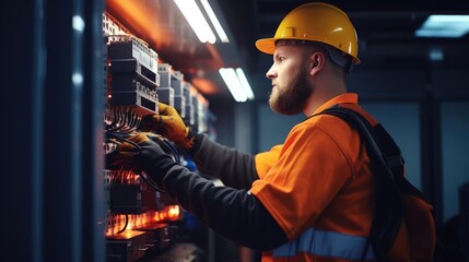 Portrait of a male electrician in a challenging construction environment skillfully installing and repairing electrical systems