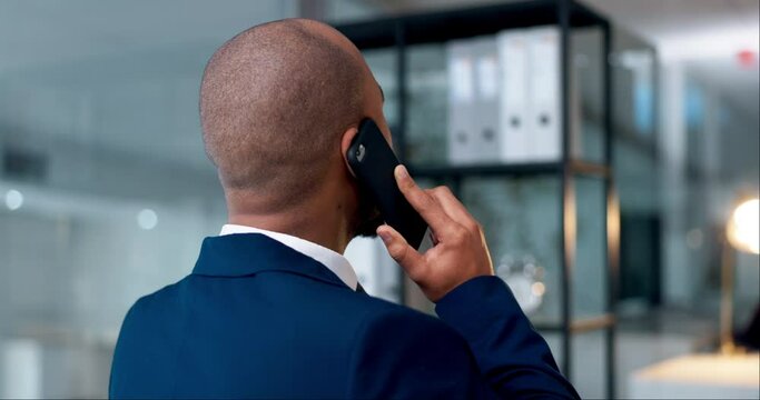Business man, back and phone call in office with networking, discussion and lawyer talk. Corporate, mobile communication and planning for company career and work at law firm with attorney case advice