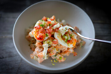 Orange Kumara Salad with Jammy Eggs, Mayo, Tomato & Cucumber Salsa & Feta 