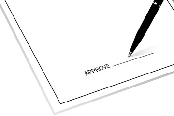 illustration of a blank paper with a pen and the word approved. copy space for add text. black and white line art for business concept. 