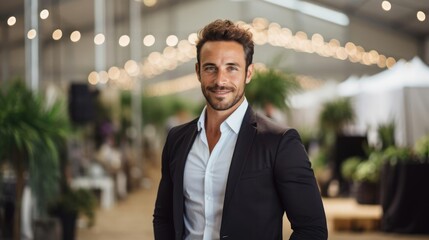 Portrait of a male event planner at a bustling event planning agency orchestrating seamless and unforgettable gathisings