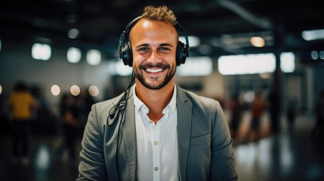 Portrait of a male event planner at a bustling event planning agency orchestrating seamless and unforgettable gathisings