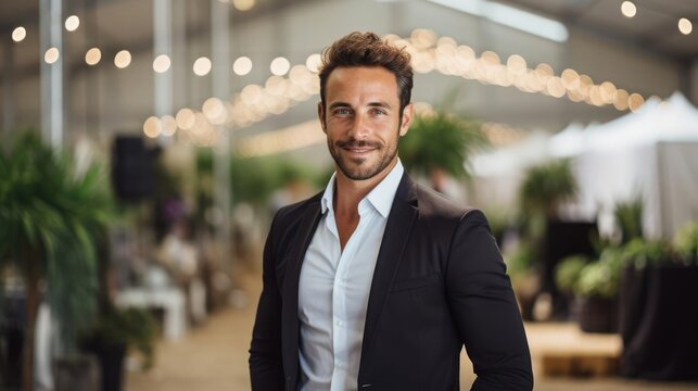 Portrait of a male event planner at a bustling event planning agency orchestrating seamless and unforgettable gathisings