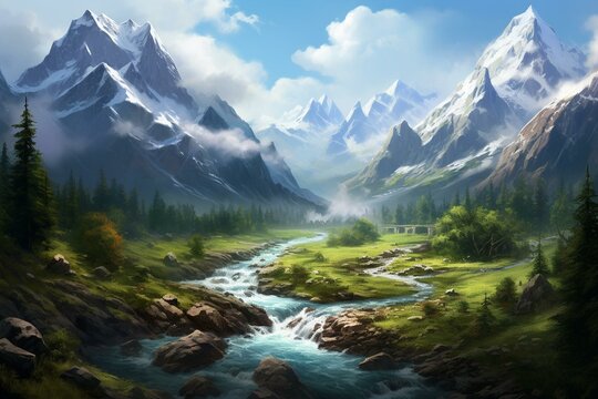 A breathtaking range of mountains, snowy peaks, river, and green valley, forming a heavenly paradise. Generative AI