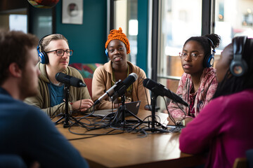 Group of people in the podcast studio talking and recording