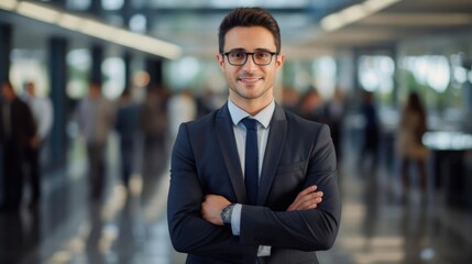 Fototapeta premium Portrait of a male executive assistant in a bustling corporate office managing schedules and coordinating meetings